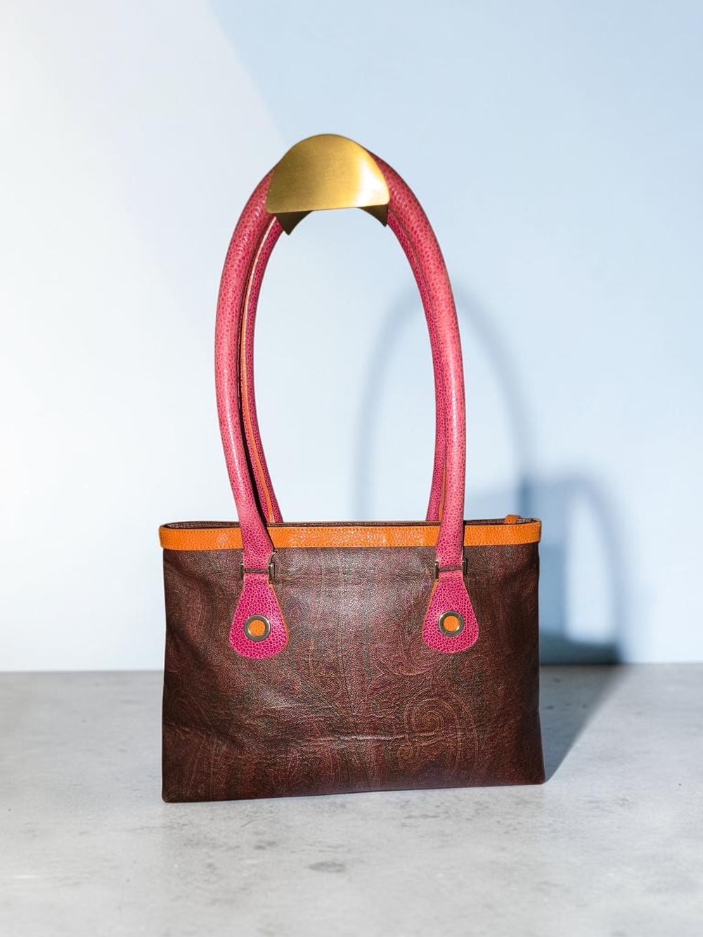 Etro Brown Tote Bag with Pink Handles and Orange Trim/COA Included